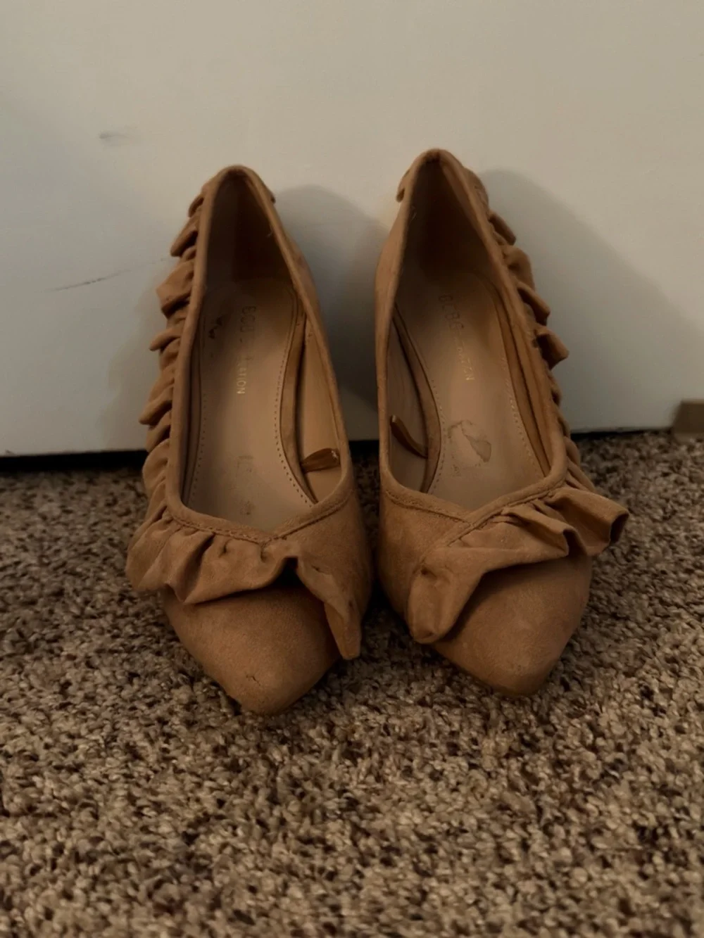 BCBGeneration Tan Ruffle Pointed-Toe Heels - Picture 1 of 3